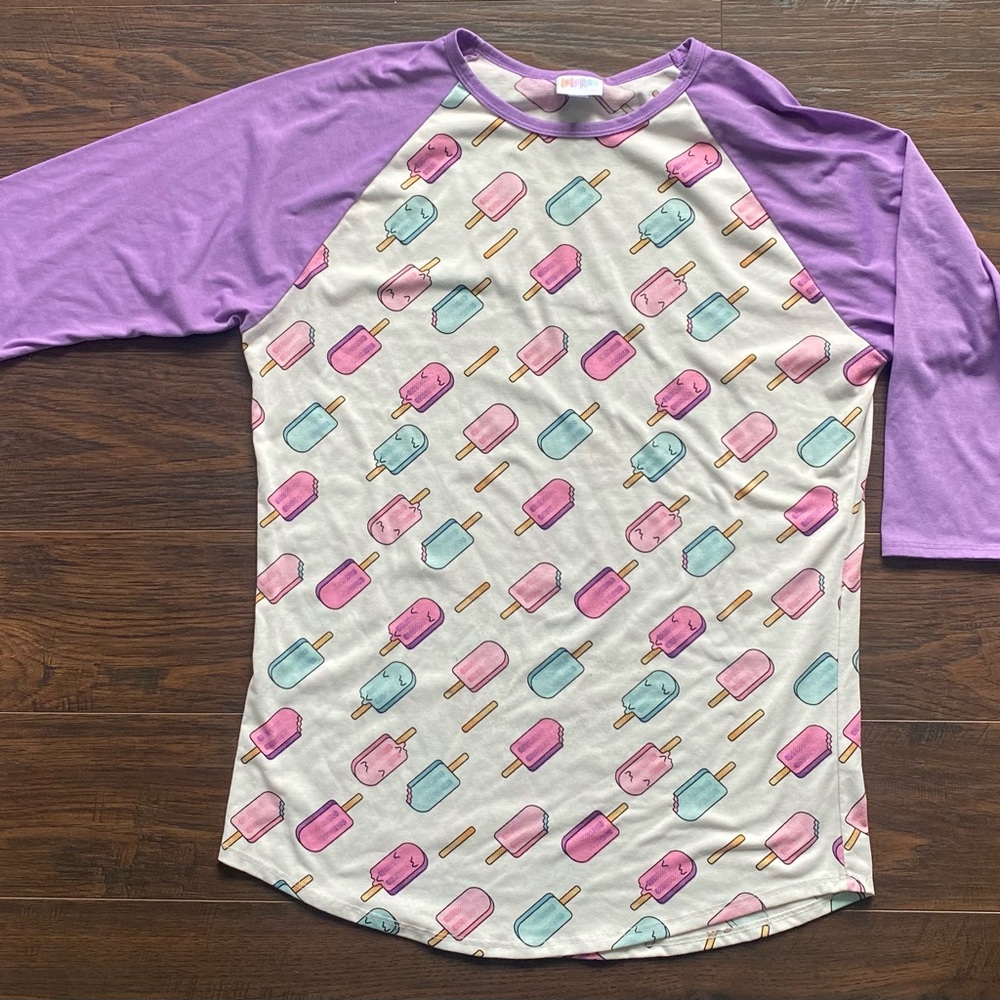 LuLaRoe Purple and Pink Long Sleeve Tee with Playful Print